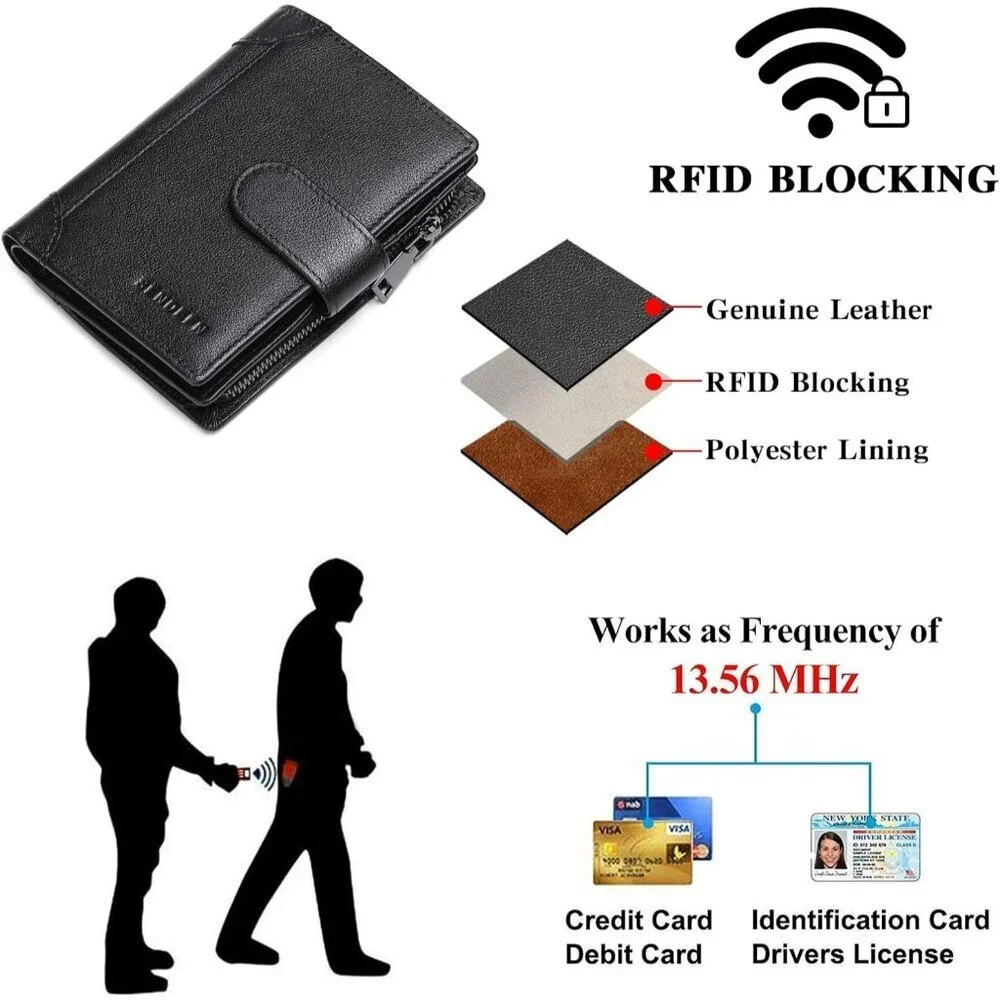 Men's F-Black Genuine Leather Bifold Wallet Blocking Credit Card Coin Pocket
